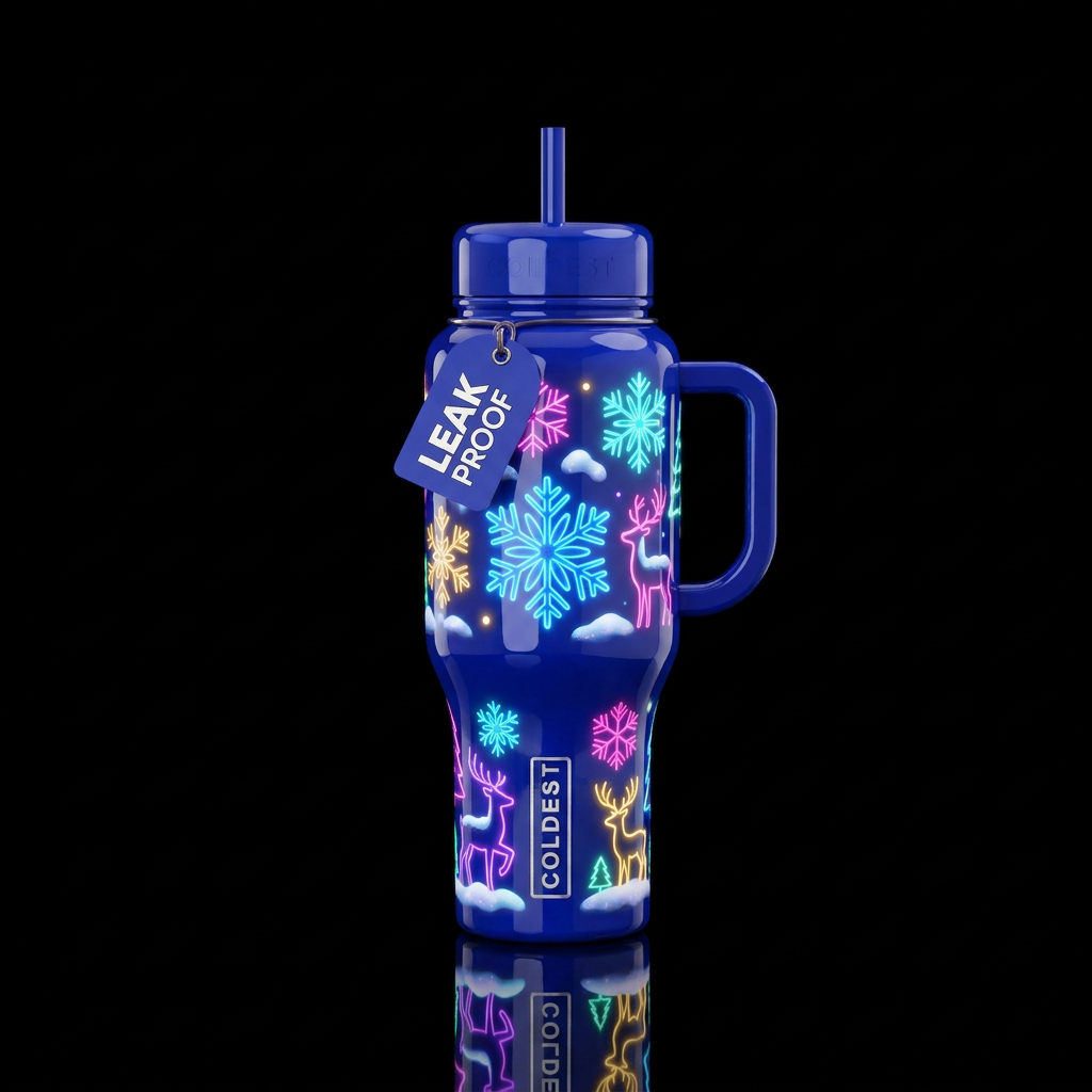 Neon,Christmas snow accents, glossy, glowie, tromp... water bottle design