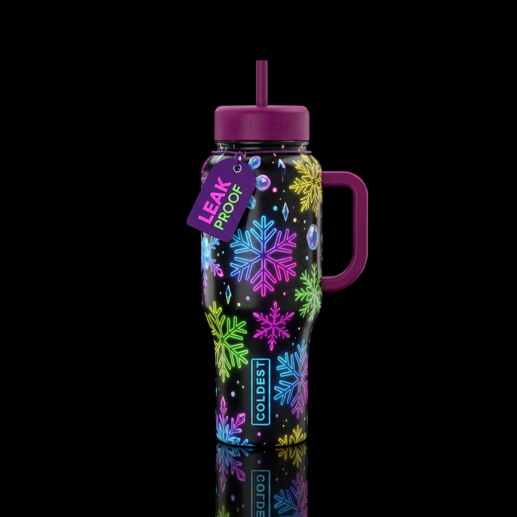 Neon,Christmas snow accents, glossy, glowie, tromp... water bottle design