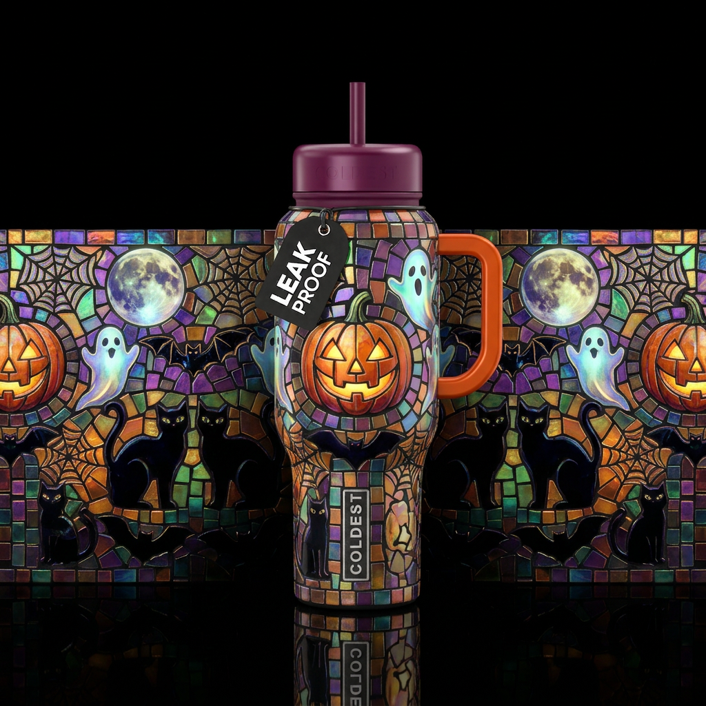 Halloween mosaic, glossy, glowie, trompe-l'œil, be... water bottle design