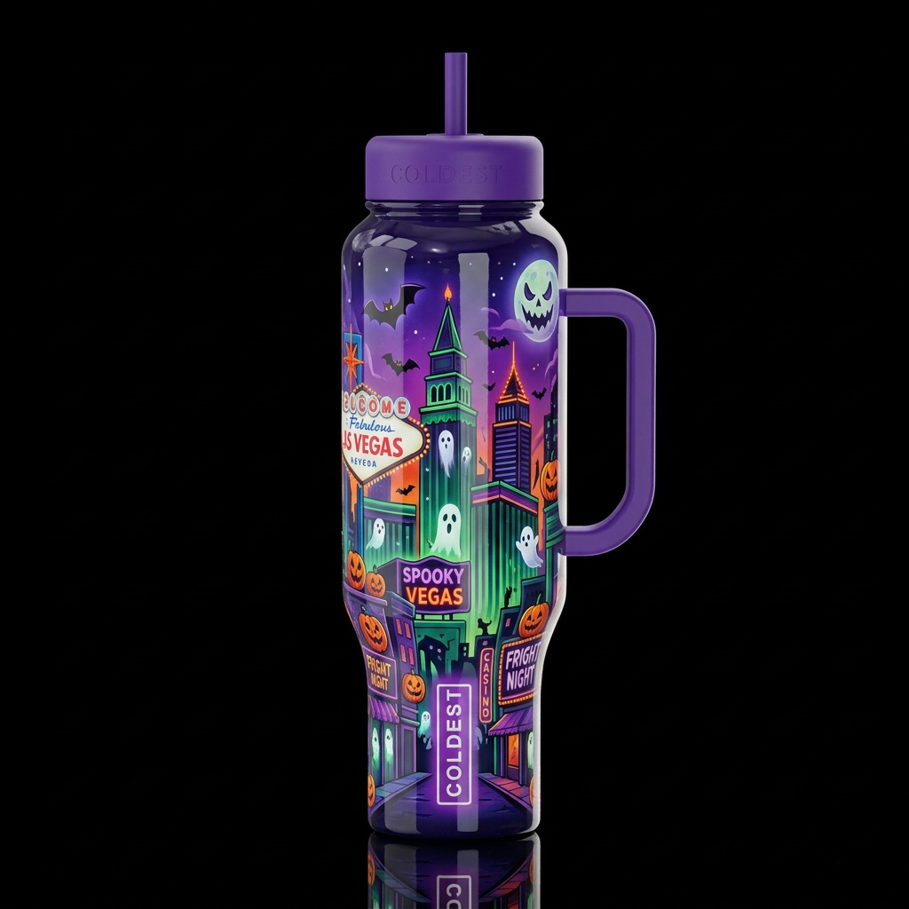 Spooky Las Vegas Halloween, glossy,glowie,trompe-l... water bottle design