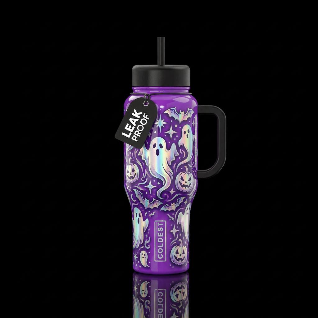 Purple background, holographic Halloween accents, ... water bottle design