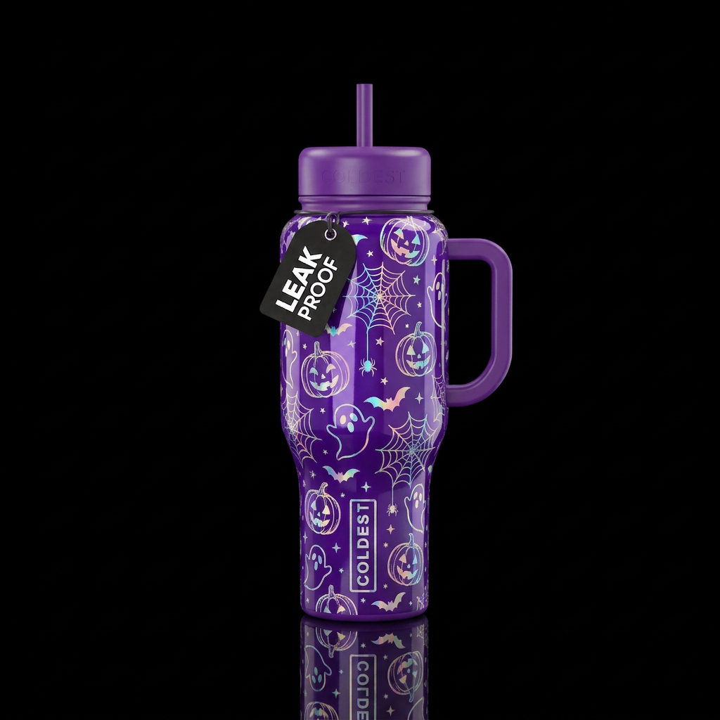 Purple background, holographic Halloween accents, ... water bottle design