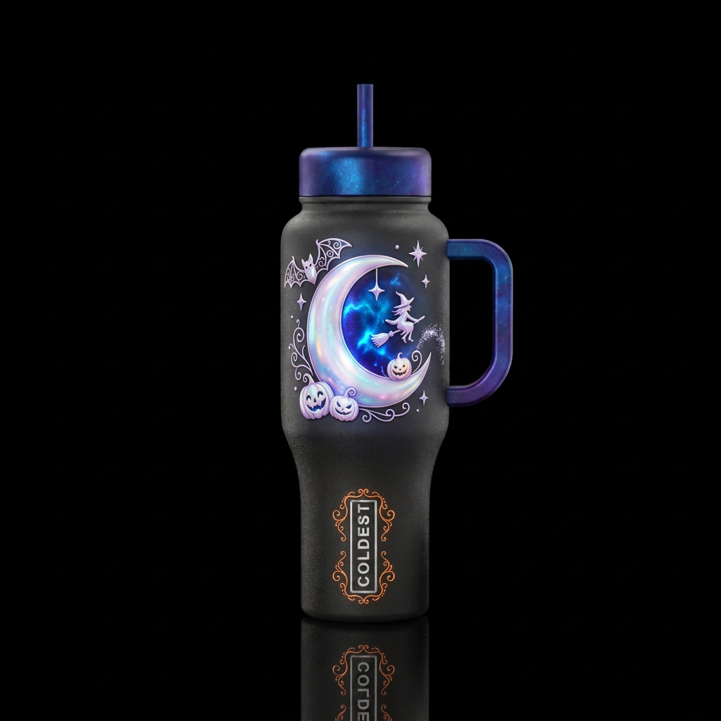Whimsical Halloween moon,glossy, glowie, trompe-l'... water bottle design