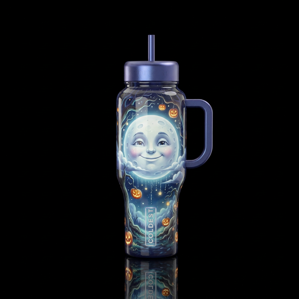 Whimsical Halloween moon,glossy, glowie, trompe-l'... water bottle design