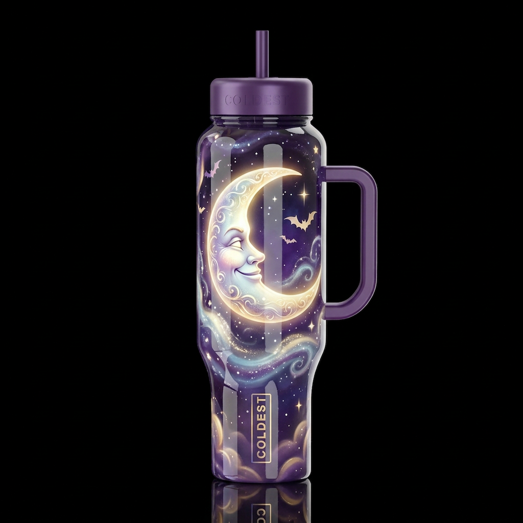 Whimsical Halloween moon,glossy, glowie, trompe-l'... water bottle design