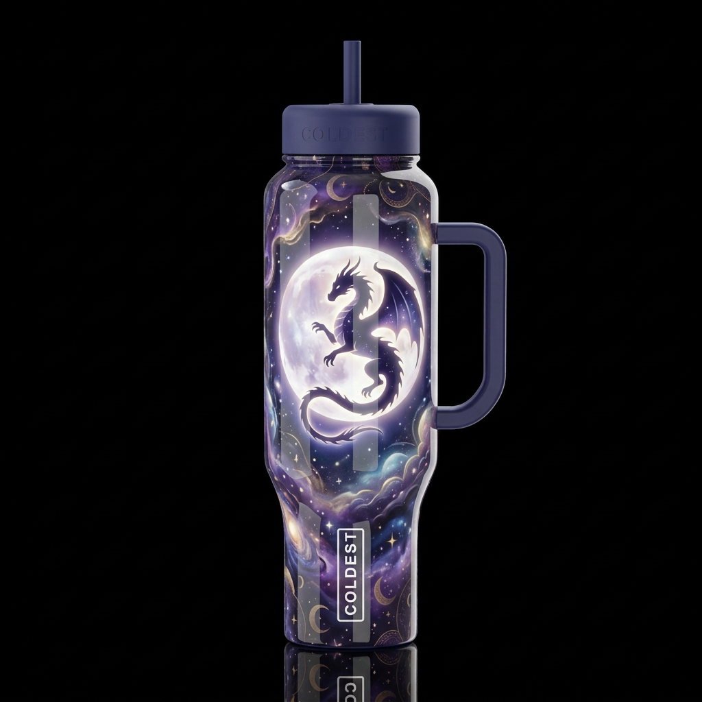 Whimsical moon with dragon silhouette,glossy, glow... water bottle design