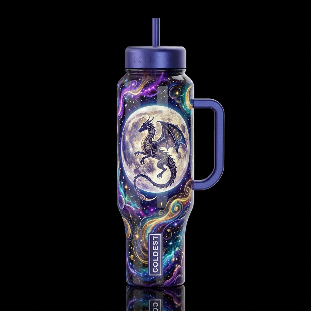 Whimsical moon with dragon silhouette,glossy, glow... water bottle design
