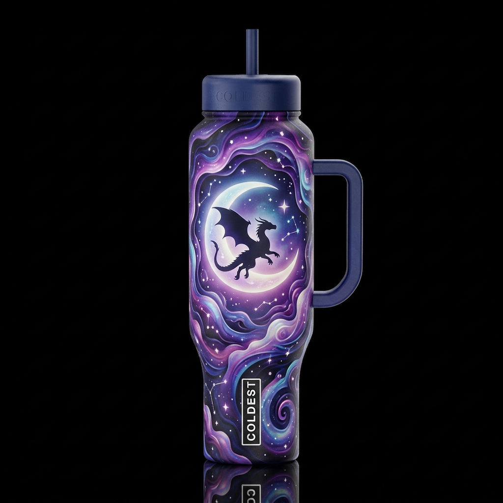 Whimsical moon with dragon silhouette,glossy, glow... water bottle design
