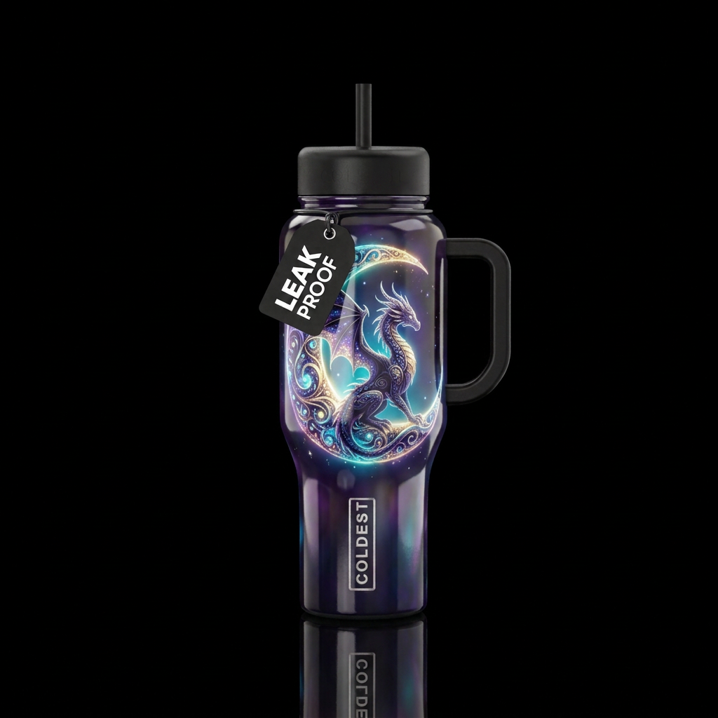 Whimsical moon with dragon silhouette,glossy, glow... water bottle design