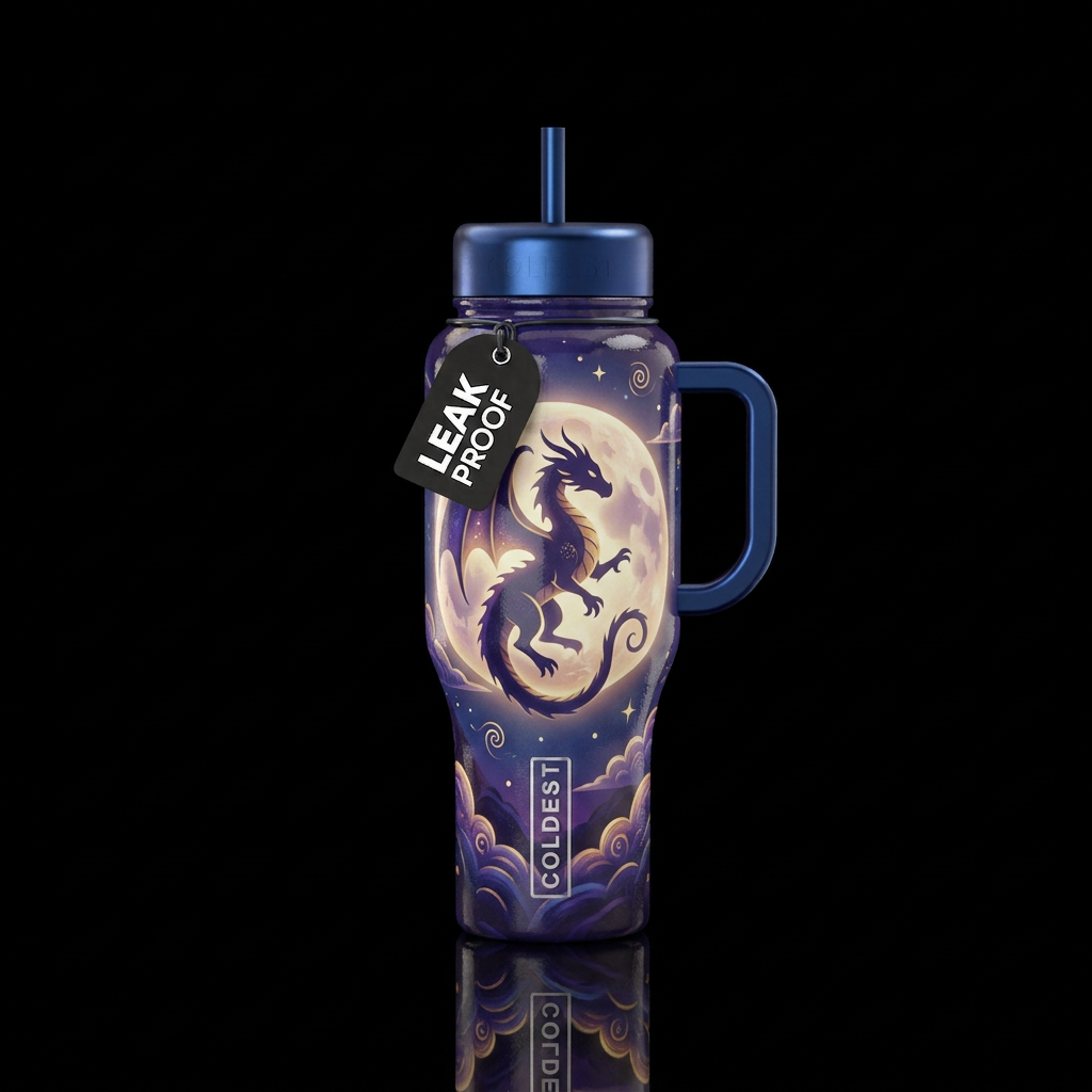 Whimsical moon with dragon silhouette,glossy, glow... water bottle design