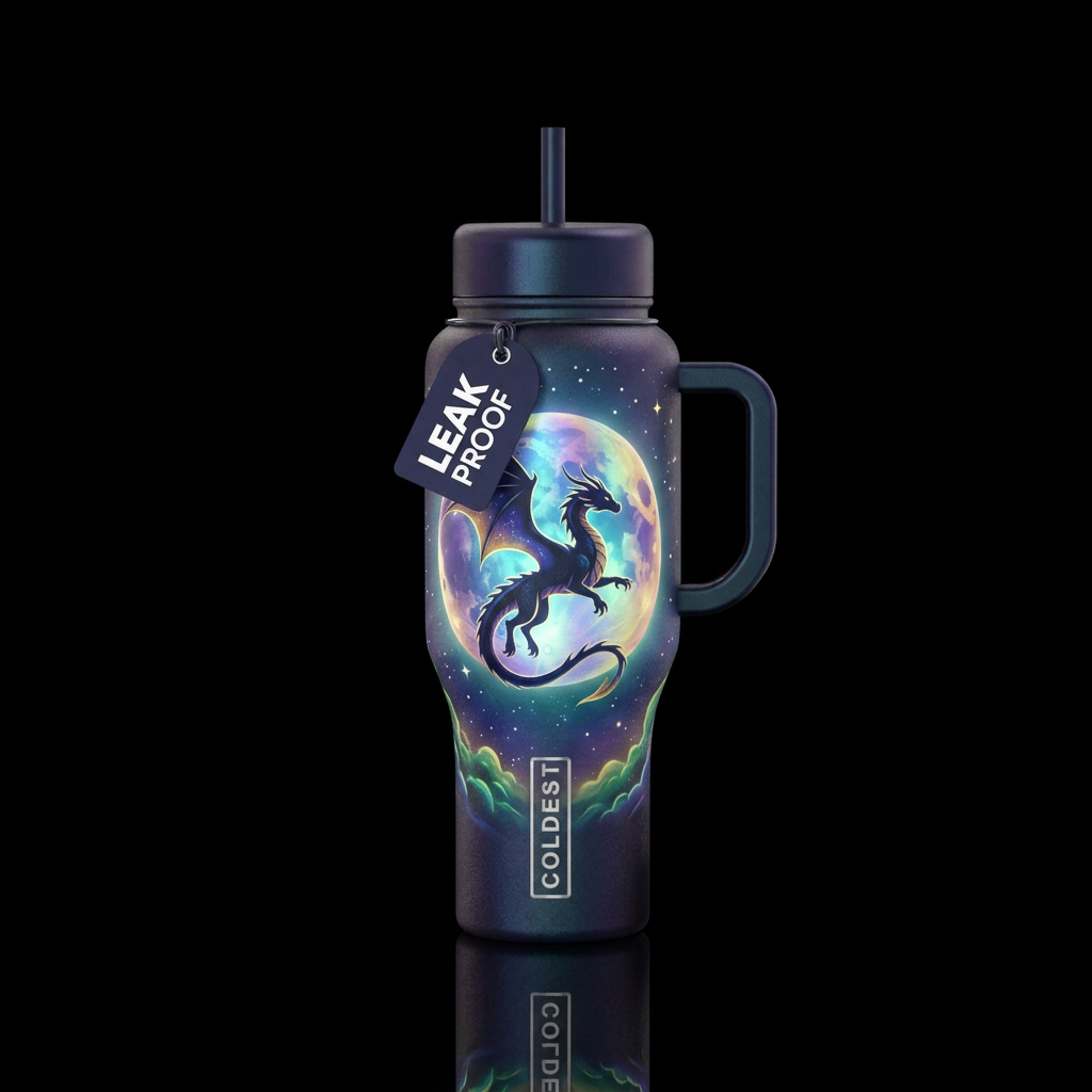 Whimsical moon with dragon silhouette,glossy, glow... water bottle design