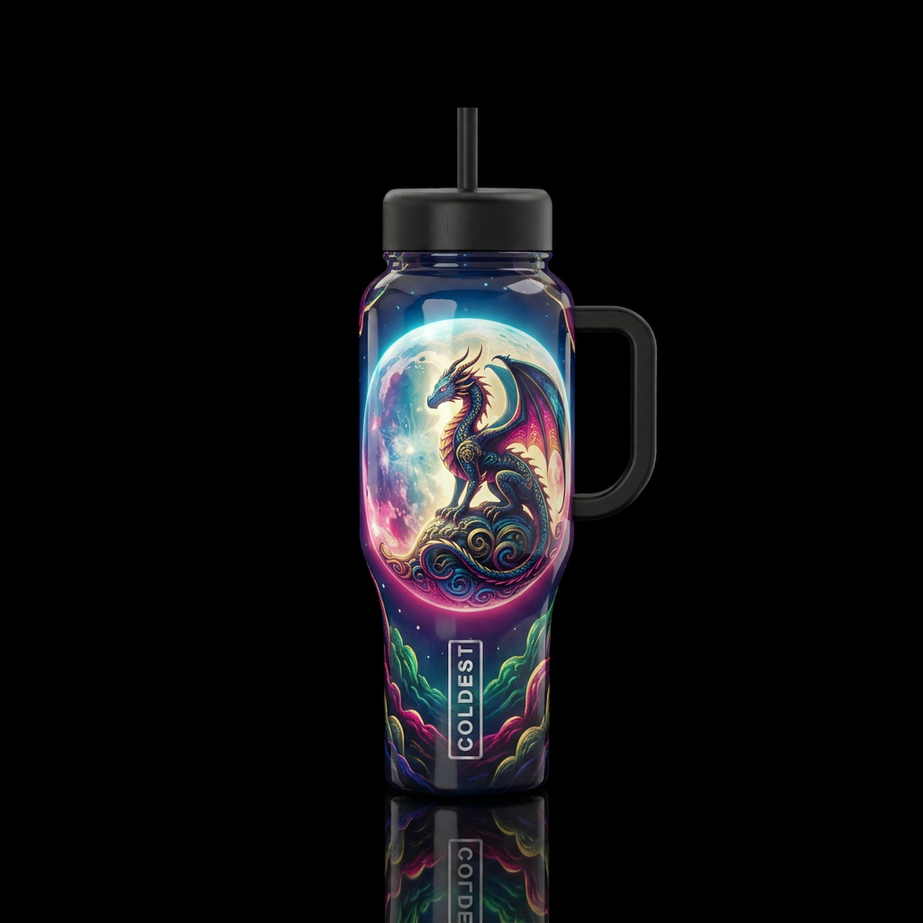 Whimsical moon with dragon silhouette,glossy, glow... water bottle design