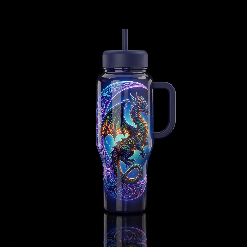 Whimsical moon with dragon silhouette,glossy, glow... water bottle design