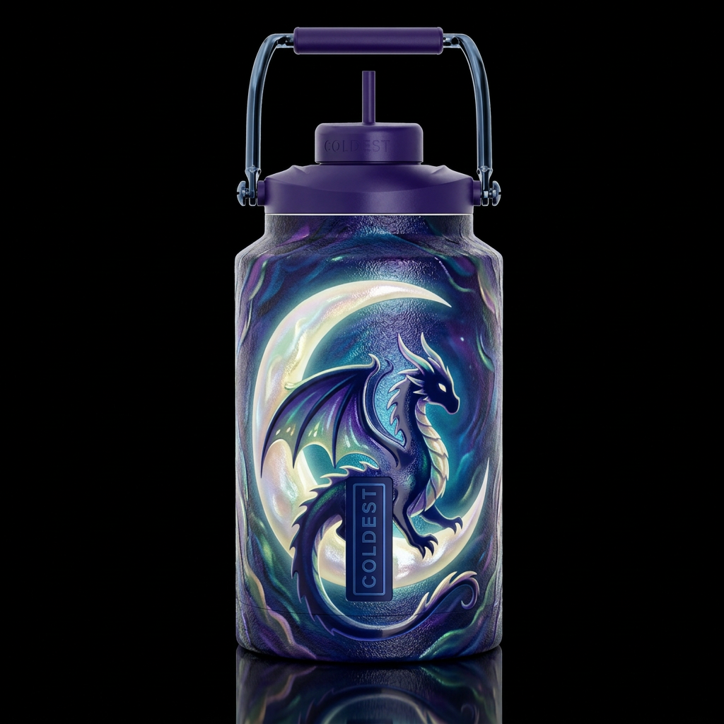Whimsical moon with dragon silhouette,glossy, glow... water bottle design