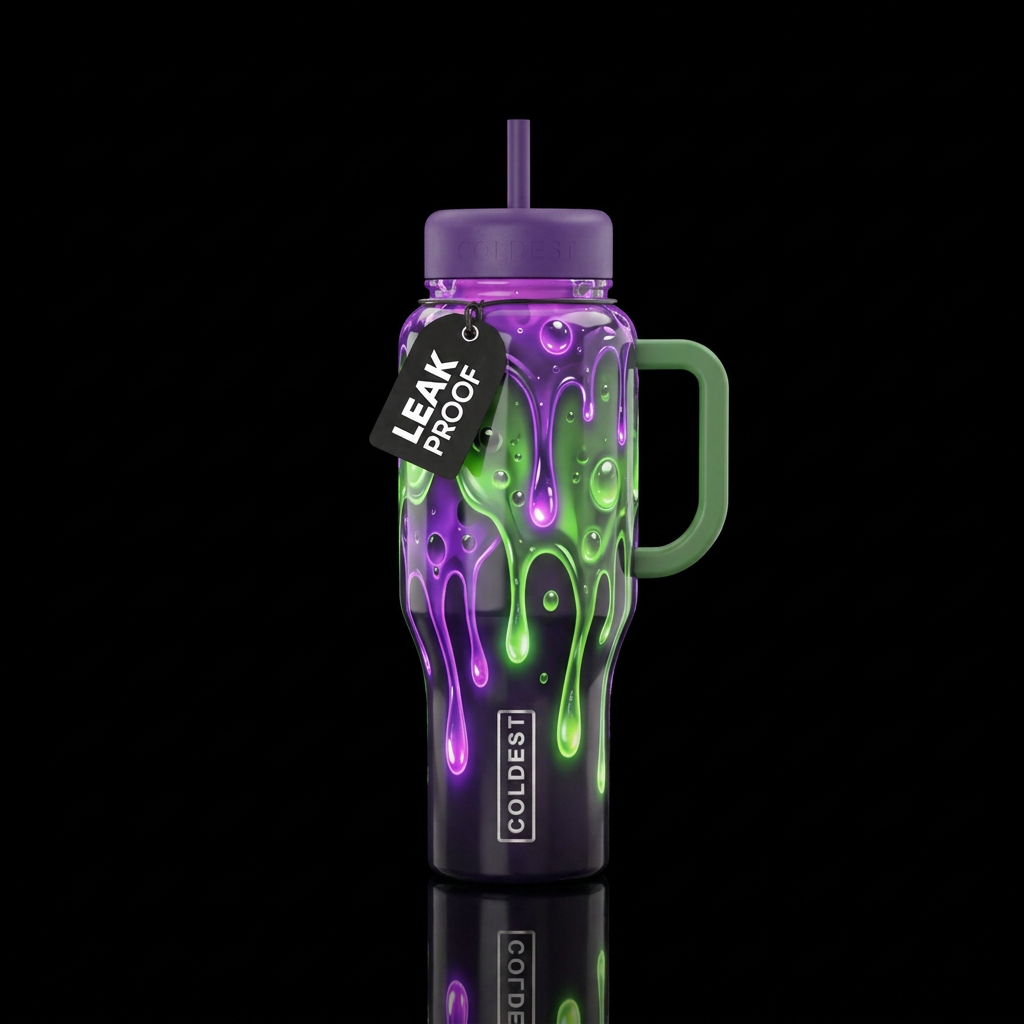 Purple and green glowie toxic drip,glossy, glowie,... water bottle design