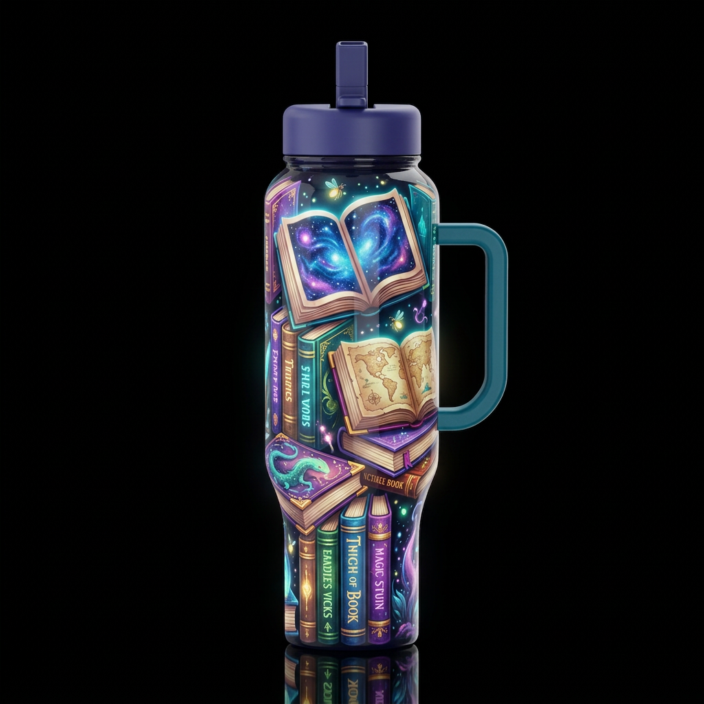 Whimsical fantasy books ,depth, glossy, glowie, tr... water bottle design