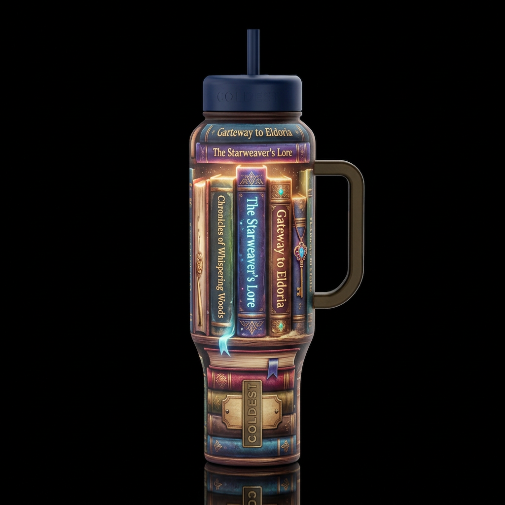 Whimsical fantasy books ,depth, glossy, glowie, tr... water bottle design