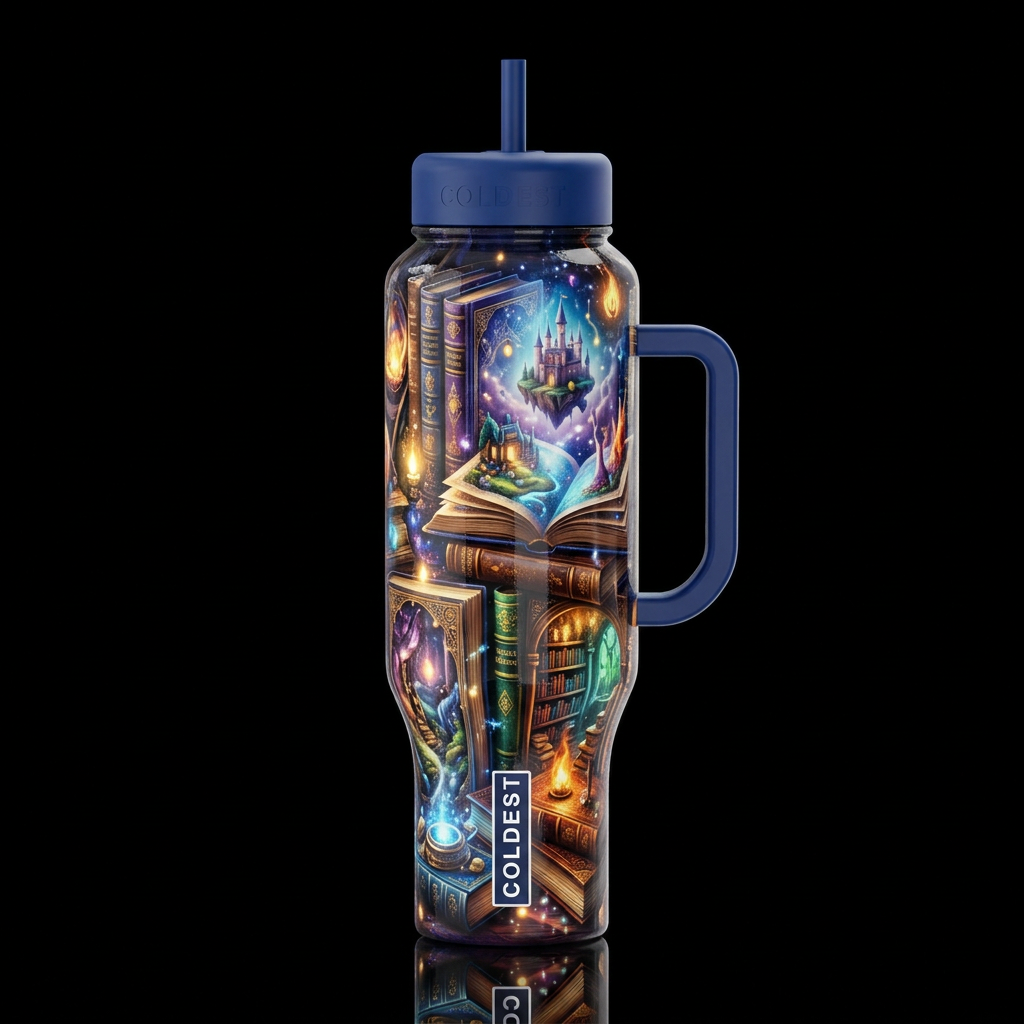 Whimsical fantasy books ,depth, glossy, glowie, tr... water bottle design