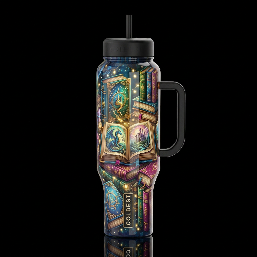 Whimsical fantasy books ,depth, glossy, glowie, tr... water bottle design