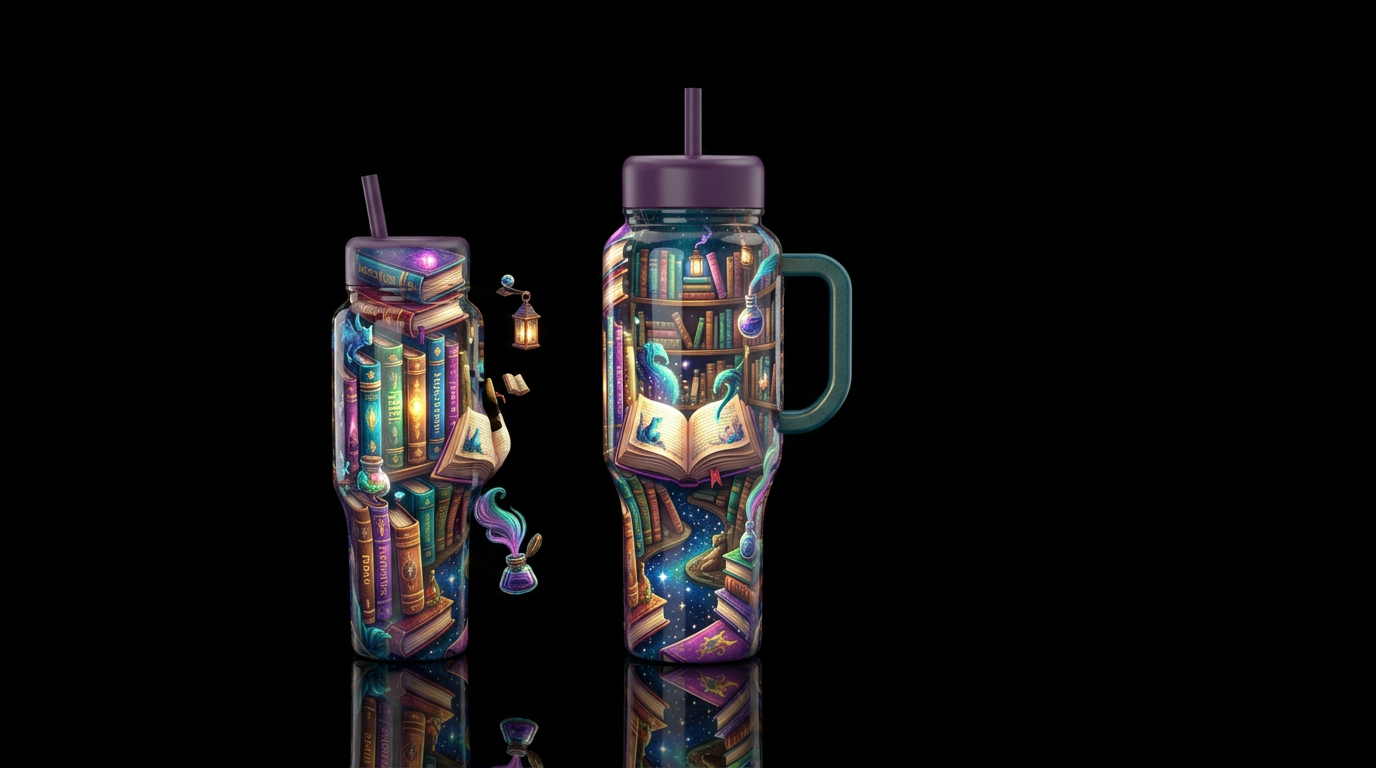 Whimsical fantasy books ,depth, glossy, glowie, tr... water bottle design