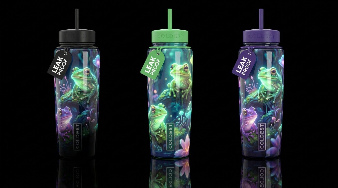 Goblin frogs, glossy, glowie, trompe-l'œil, beauti... water bottle design