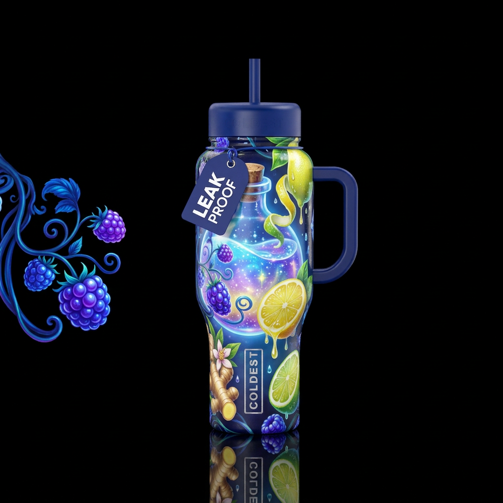Lemon ginger blue raspberry berry potion,glossy, g... water bottle design