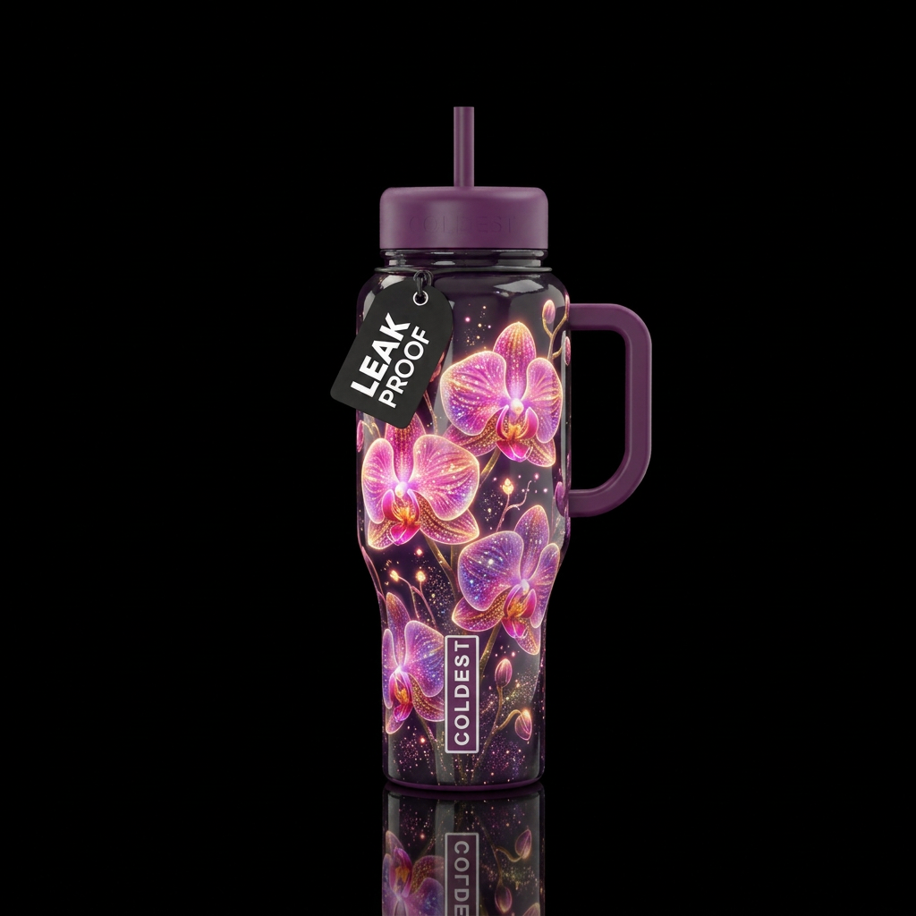orchid, energetic, glowie, sparkly, shiny, whimsic... water bottle design