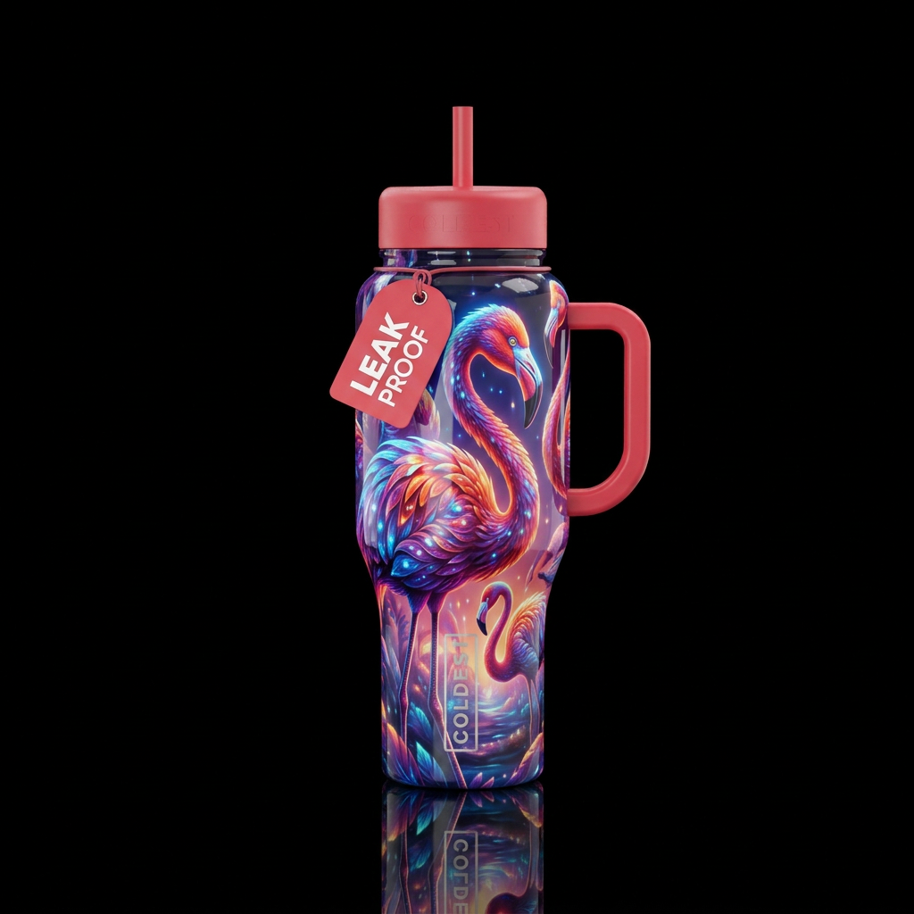 Flamboyant flamingos, glossy, glowie, trompe-l'œil... water bottle design