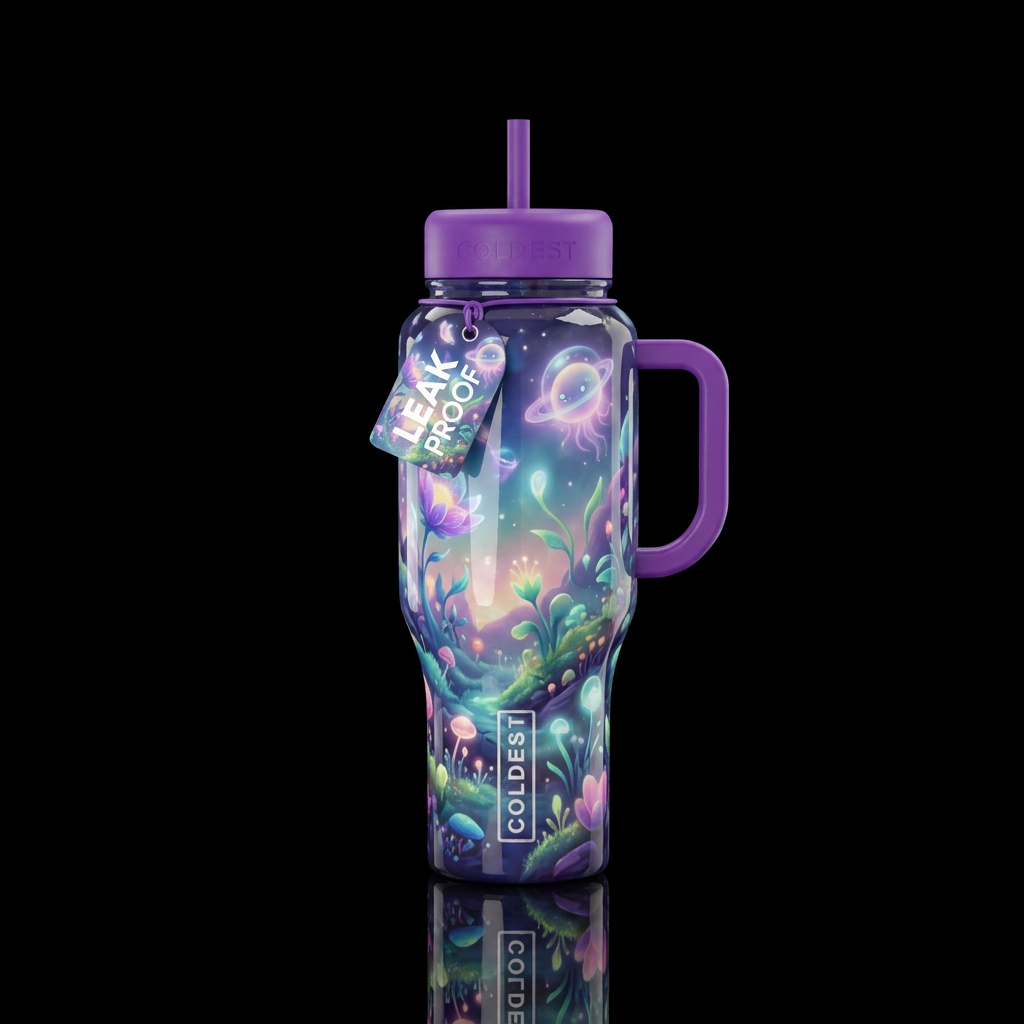 whimsical, otherworldly, glossy, glowie, trompe-l'... water bottle design