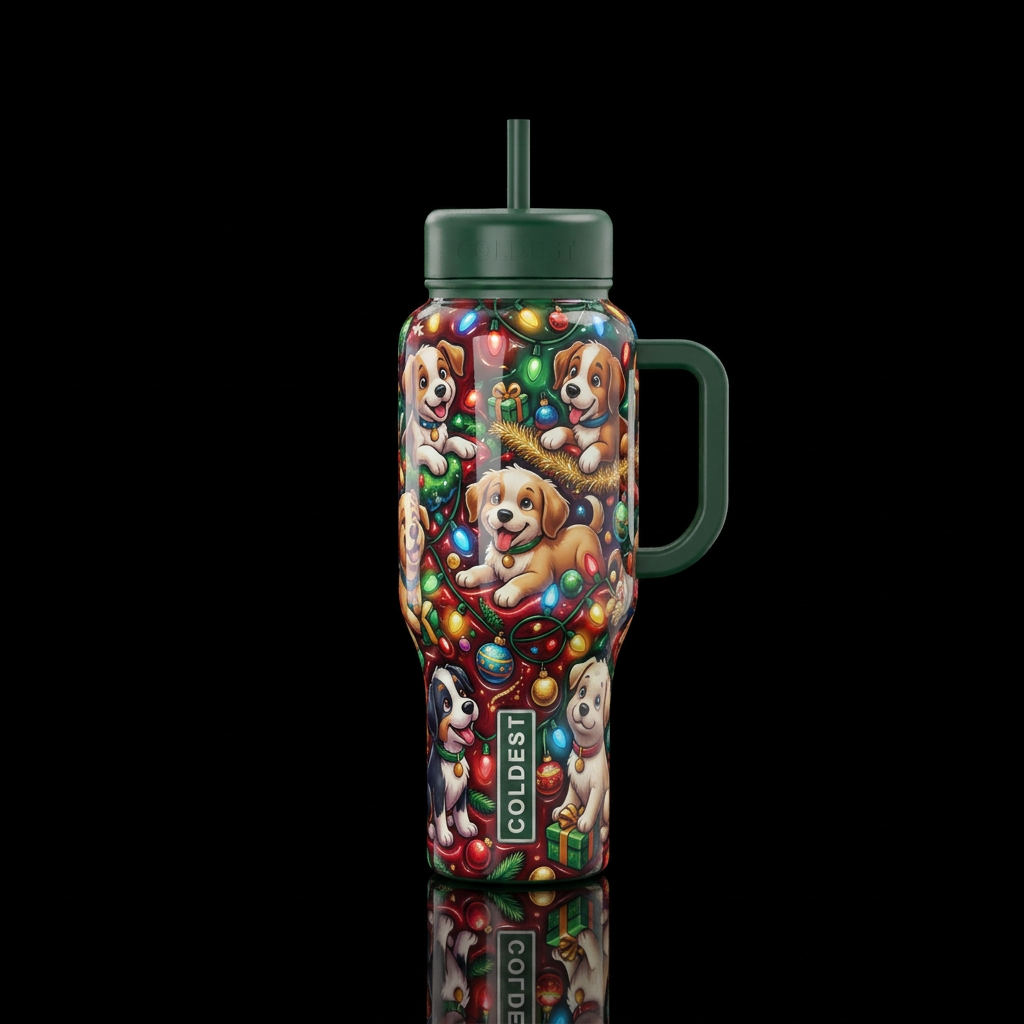 Puppies playing with Christmas decorations, cartoo... water bottle design
