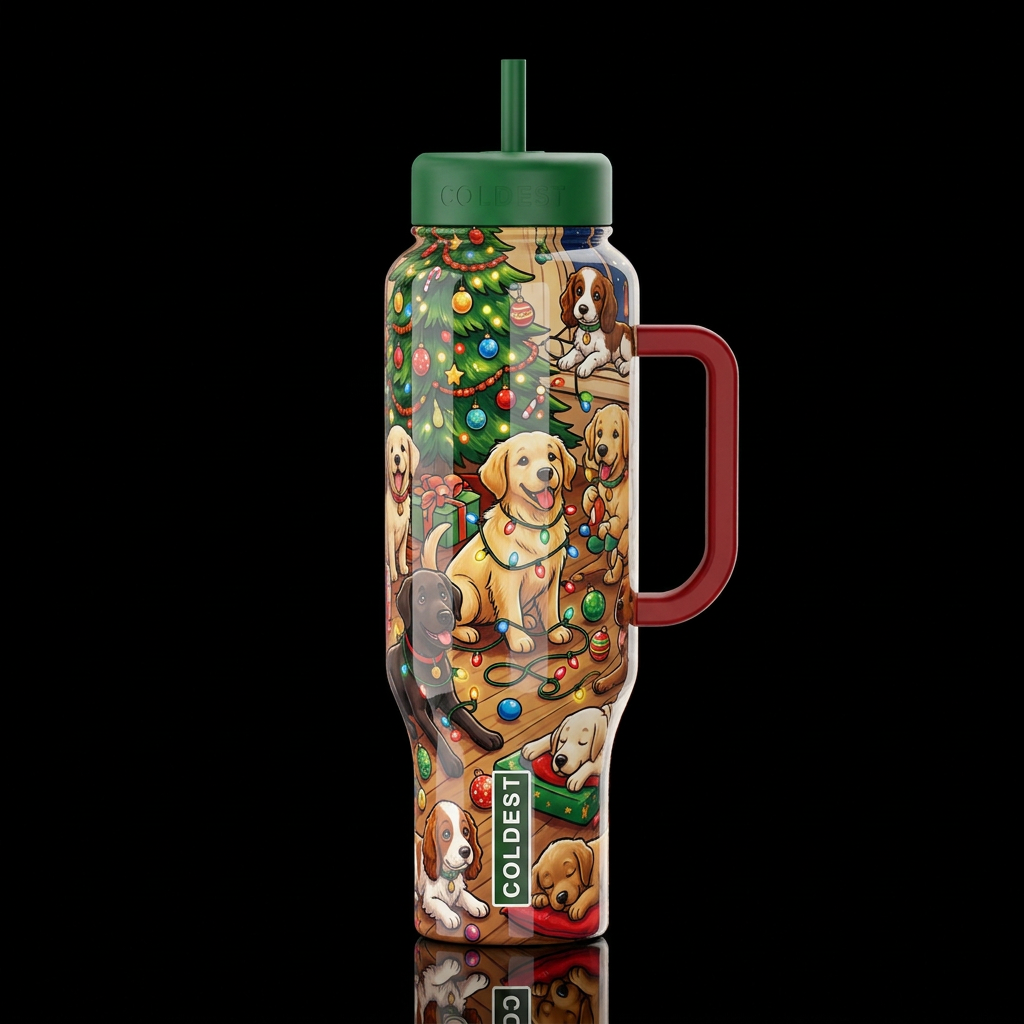 Puppies playing with Christmas decorations, cartoo... water bottle design