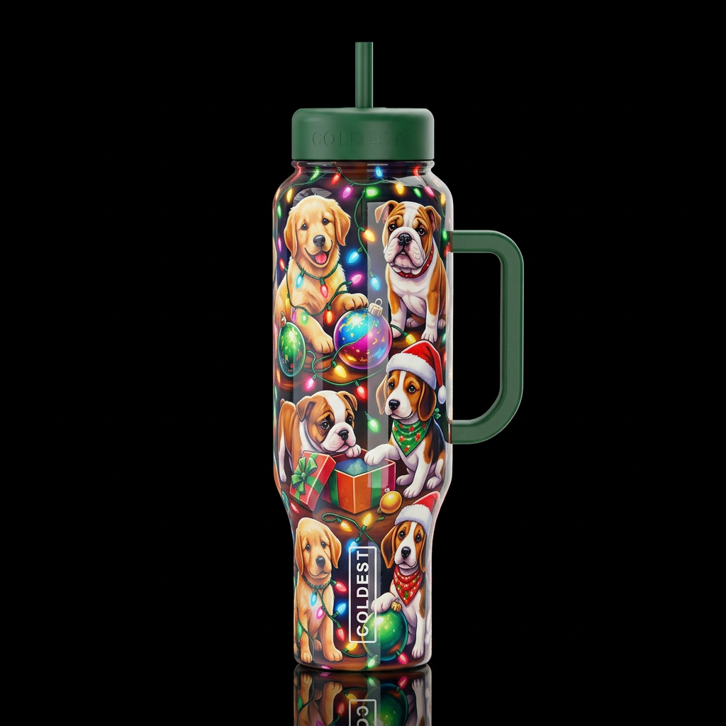 Puppies playing with Christmas decorations, cartoo... water bottle design