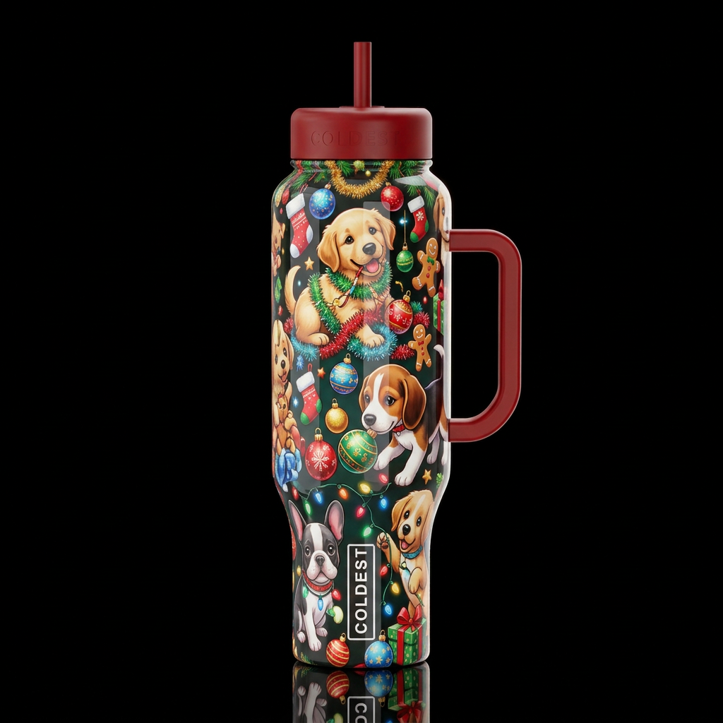 Puppies playing with Christmas decorations, cartoo... water bottle design