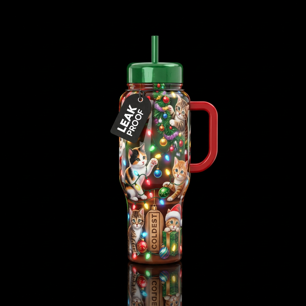 Kittens playing with Christmas decorations, glossy... water bottle design