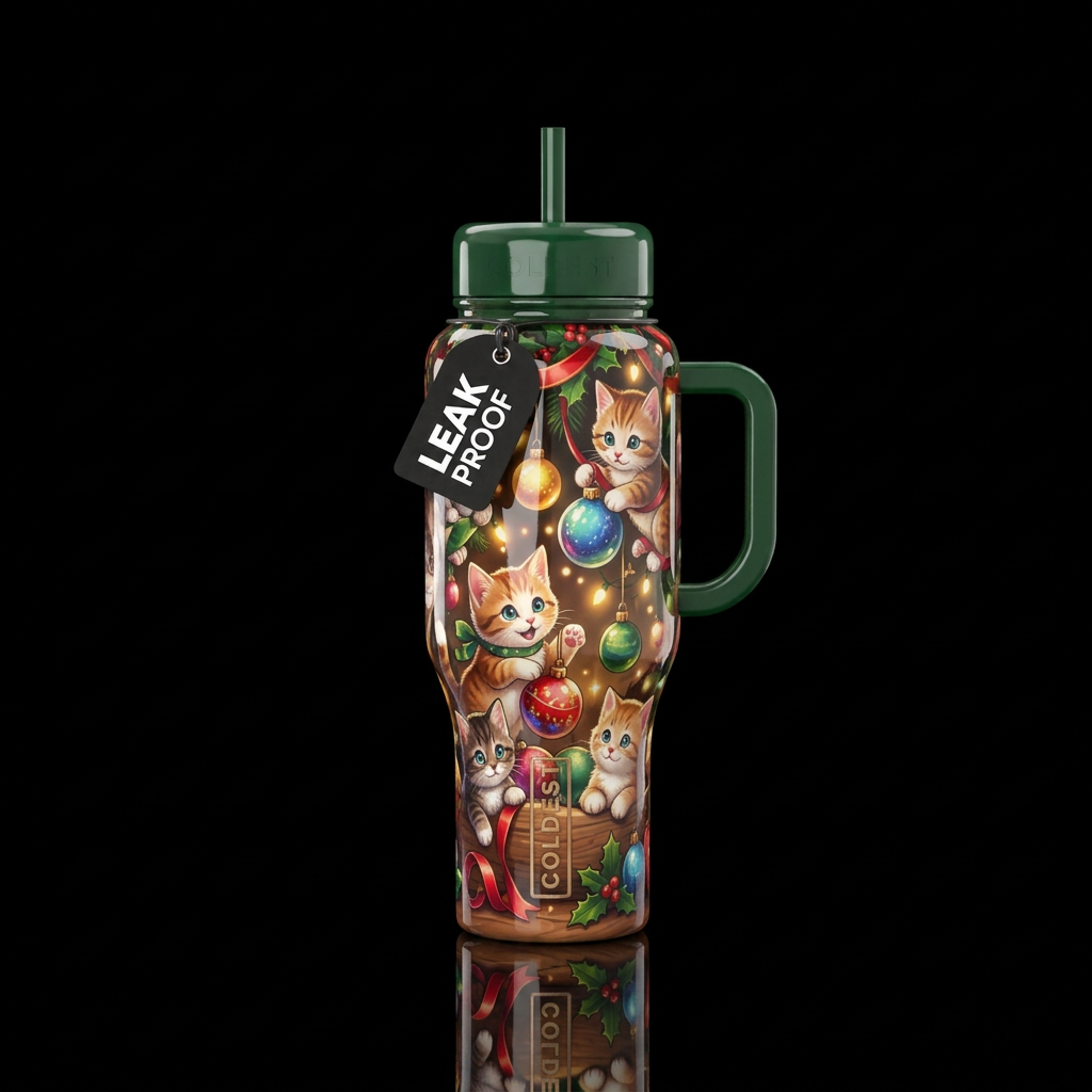 Kittens playing with Christmas decorations, glossy... water bottle design