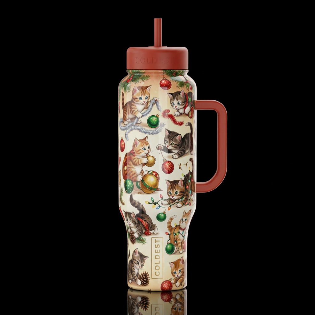 Cartoon kittens playing with Christmas decorations... water bottle design
