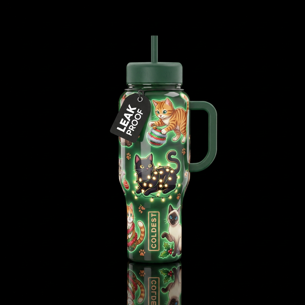 Cartoonish cats playing with Christmas decorations... water bottle design