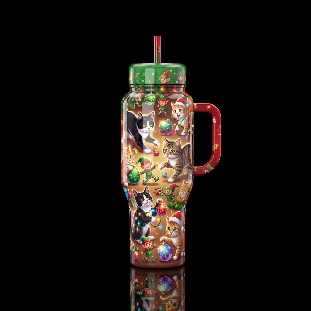 Cartoonish cats playing with Christmas decorations... water bottle design
