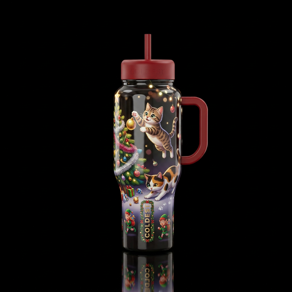 Cartoonish cats playing with Christmas decorations... water bottle design