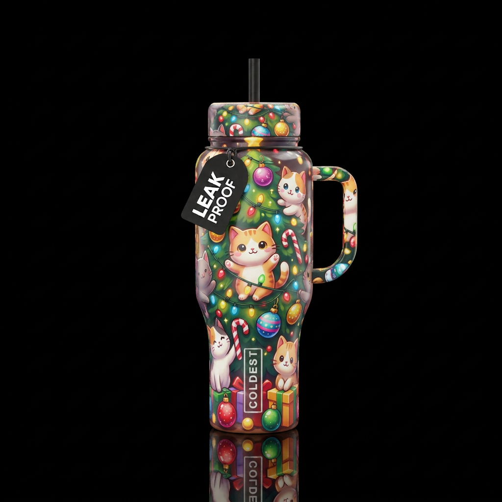 Cartoonish cats playing with Christmas decorations... water bottle design