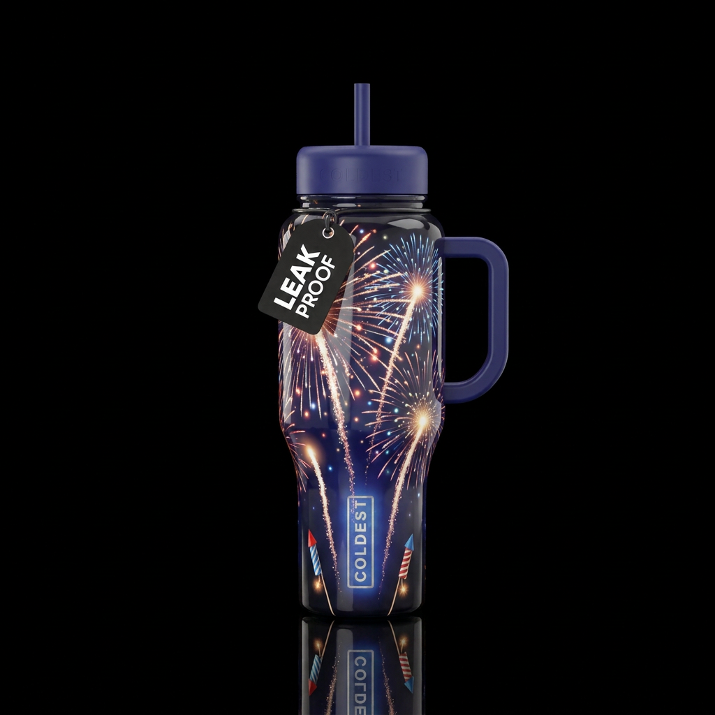 Fireworks roman candles bottle rockets, glossy, gl... water bottle design