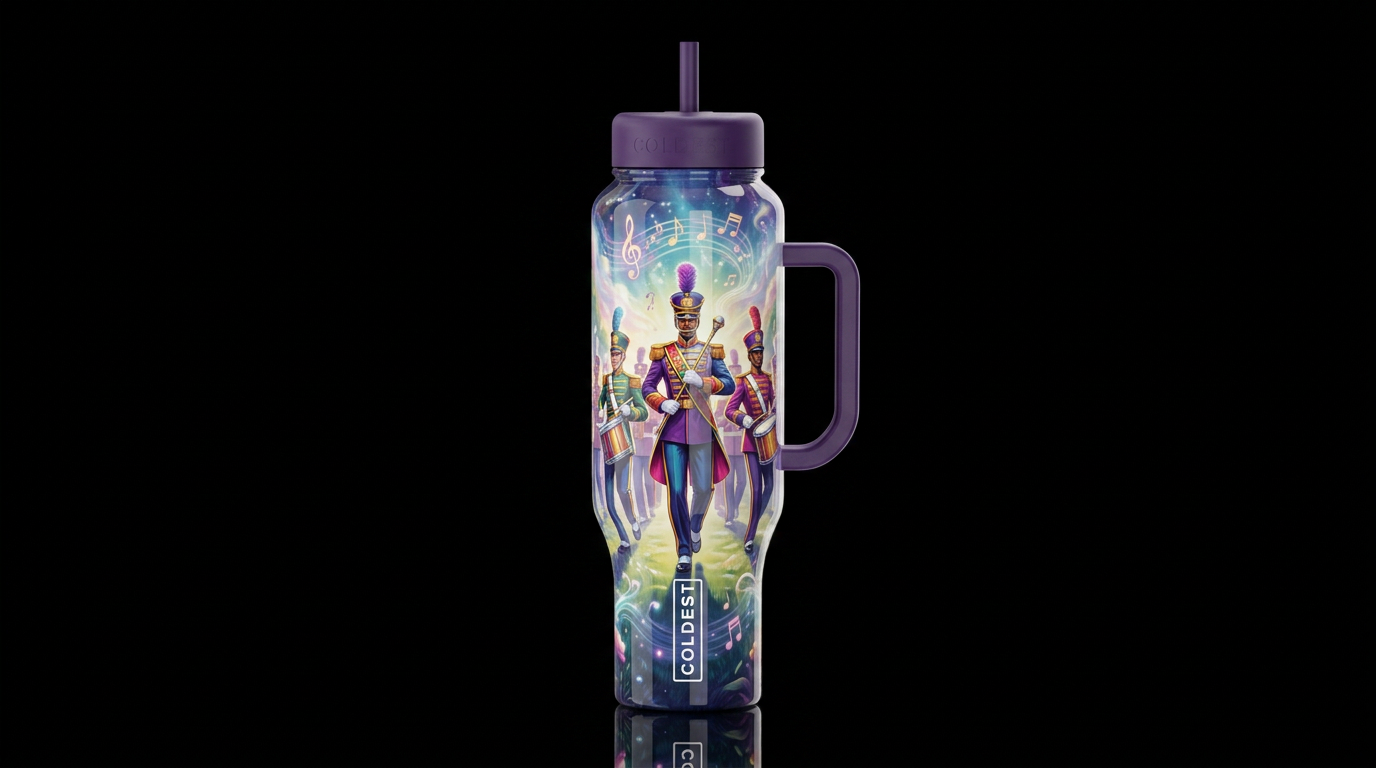 Full march band 3 drum majors, glossy, trompe-l'œi... water bottle design