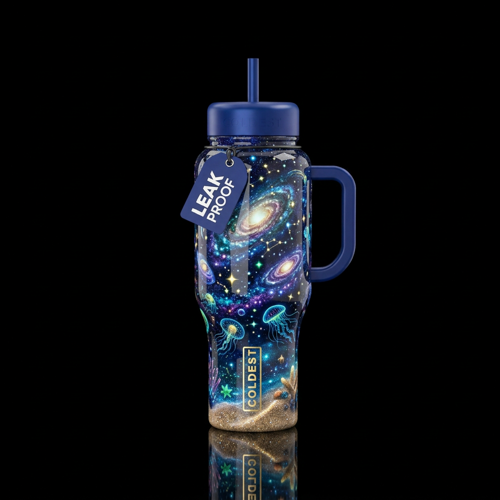 romantic, starry night, sand, glowie,, glossy, tro... water bottle design