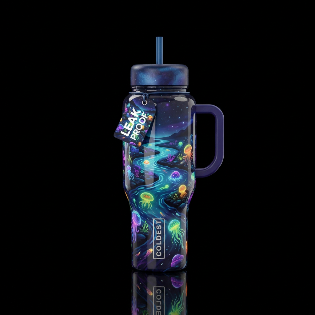 river, glowie, vibrant, shiny, realism, whimsical,... water bottle design
