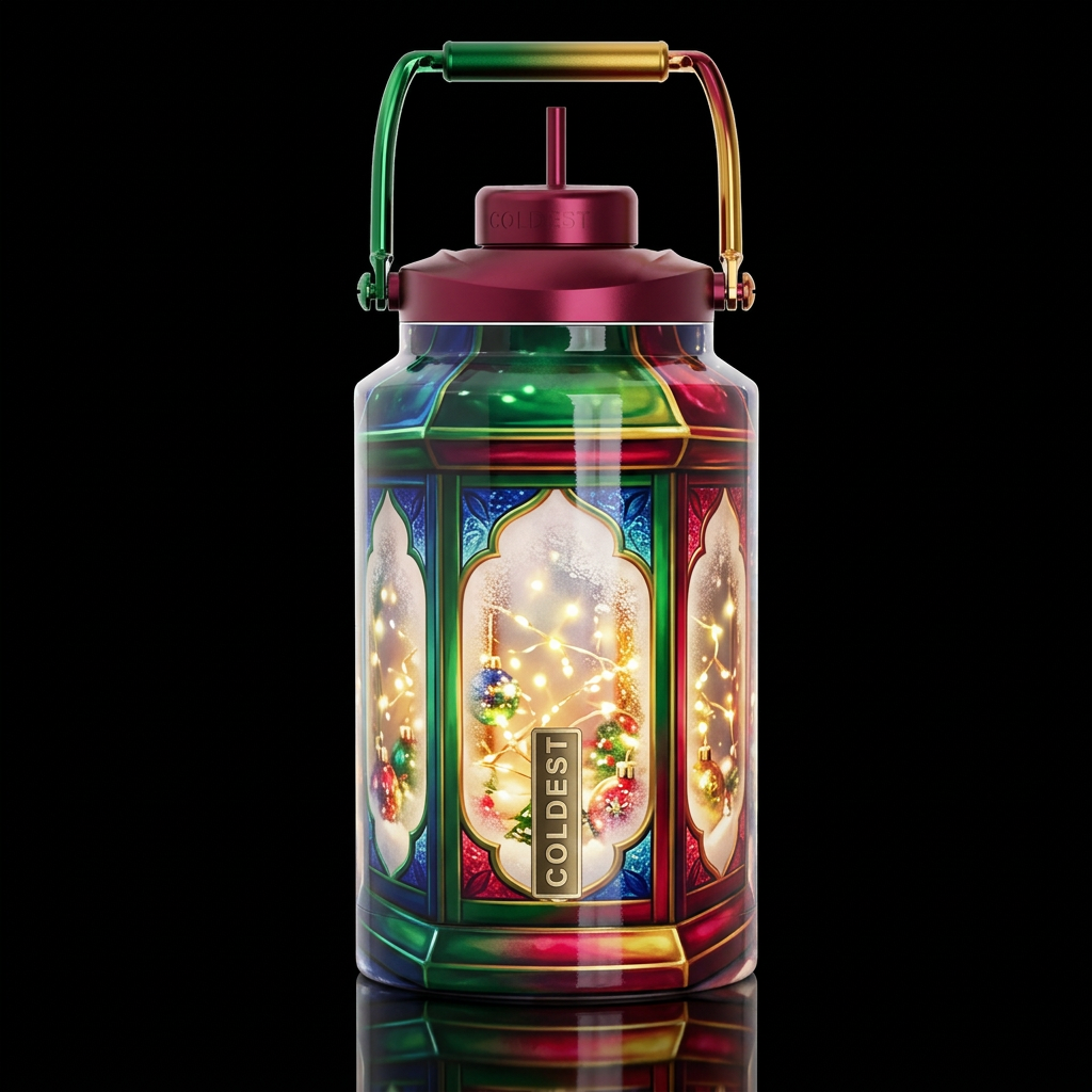 Christmas lantern, whimsical, glossy, glowie, trom... water bottle design