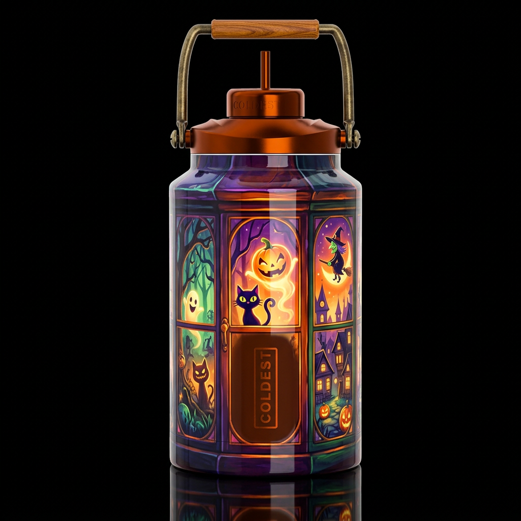 Halloween lantern, whimsical, glossy, glowie, trom... water bottle design