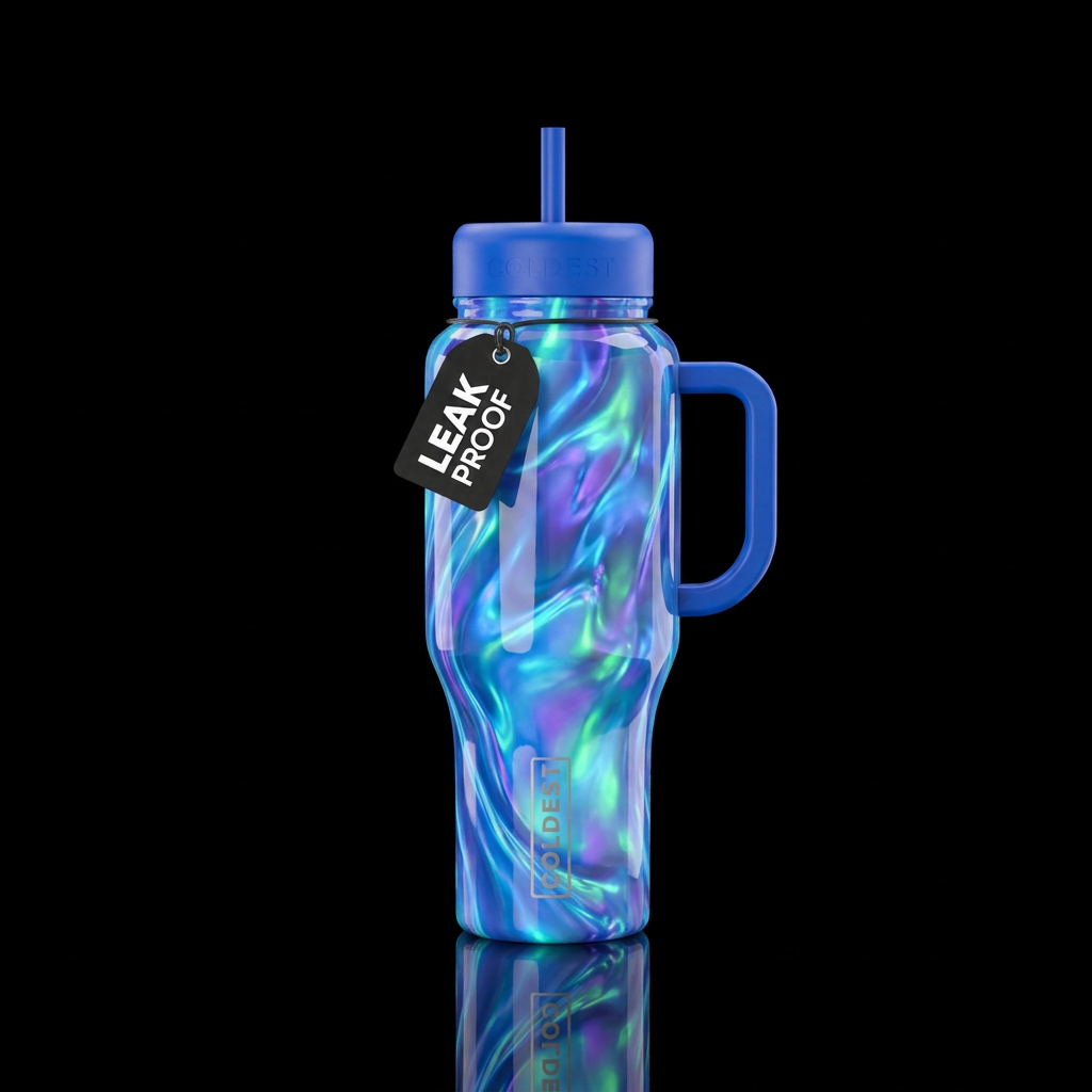 Liquid blue opal,glossy, glowie, trompe-l'œil, bea... water bottle design