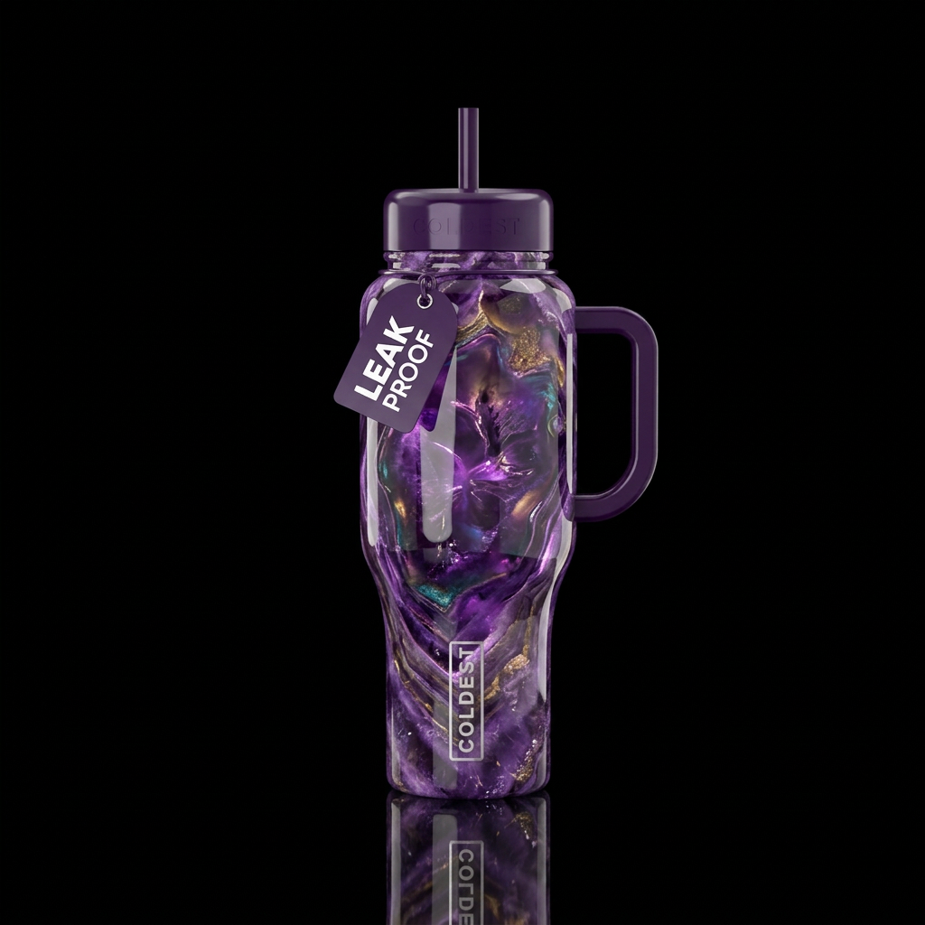 Liquid amethyst, glossy, glowie, trompe-l'œil, bea... water bottle design