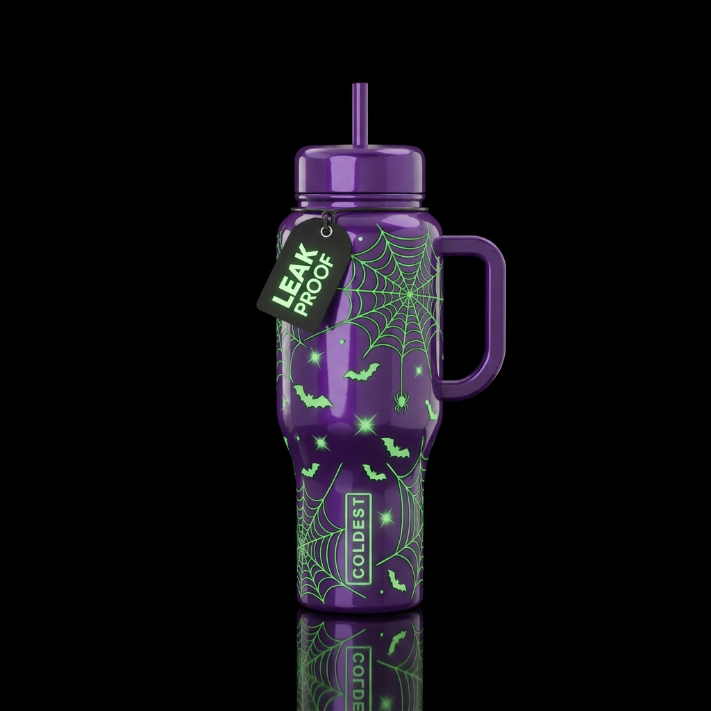 Glossy Purple with glowie green spider webs and ba... water bottle design