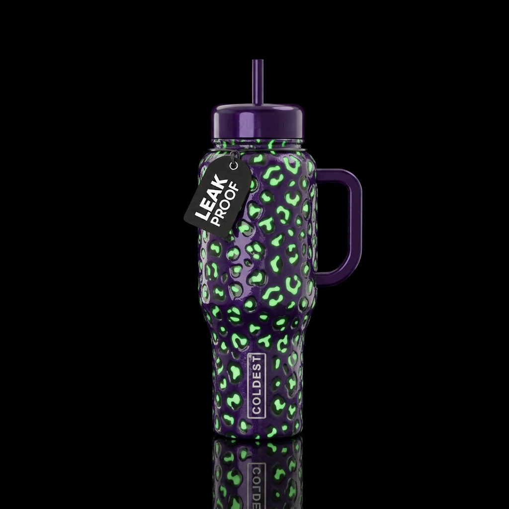 Deep purple with glowie green leopard print,glossy... water bottle design